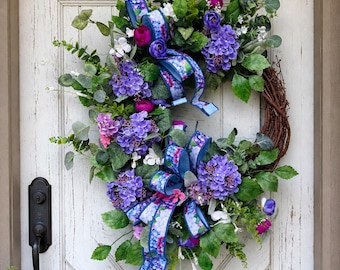 Purple Hydrangea Spring Wreath for Front Door, Farmhouse Cottage Wreath | Summer Door Decor | Large Floral Wreath, Front door decor