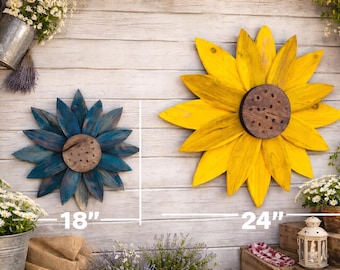 Oasis Blue Wooden Sunflower, Rustic Farmhouse Wall Decor, gifts for her, gifts for friends, porch decor, front door decor,outdoor decor