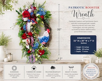 Patriotic Rooster Wreath, Americana Front Door Wreath, Red White Blue Summer Wreath, Farmhouse Chicken Wreath, Memorial Day 4th of July Deco