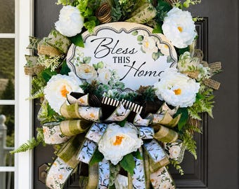 Bless This Home Wreath, White Peony Front Door Wreath, Farmhouse Greenery Wreath, Housewarming Gift, Wedding Gift, Spring Summer Decor