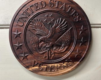 Walnut United States Veteran Wood Sign, Eagle Military Plaque