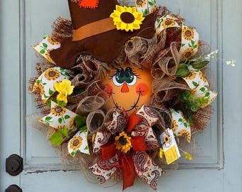 Scarecrow Sunflower Fall Wreath, Autumn Front Door Decor, Rustic Farmhouse Wreath, Burlap Mesh Wreath, Thanksgiving Decor