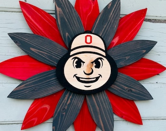 Ohio State Buckeyes Brutus Cedar Flower Door Hanger | Handmade Rustic Wood Decor | Front Porch Wall Art | College Football Fan Gift | Buckey
