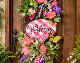 Summer Spring Welcome Swag Wreath for Front Door | Pink Buffalo Check Floral Door Hanger | Grapevine Wreath with Peonies, Butterfly & Bee