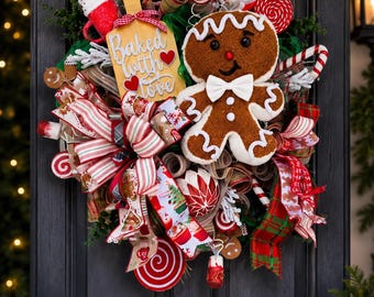 Christmas Gingerbread Wreath for Front Door – Peppermint Candy Holiday Wreath – Whimsical Candyland Christmas Decor, Gingerbread Wreath