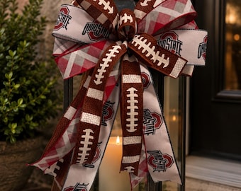 Ohio State Football Bow, Buckeyes Front Door Bow, OSU Football Decor, College Football Wreath Bow, Game Day Door Decor
