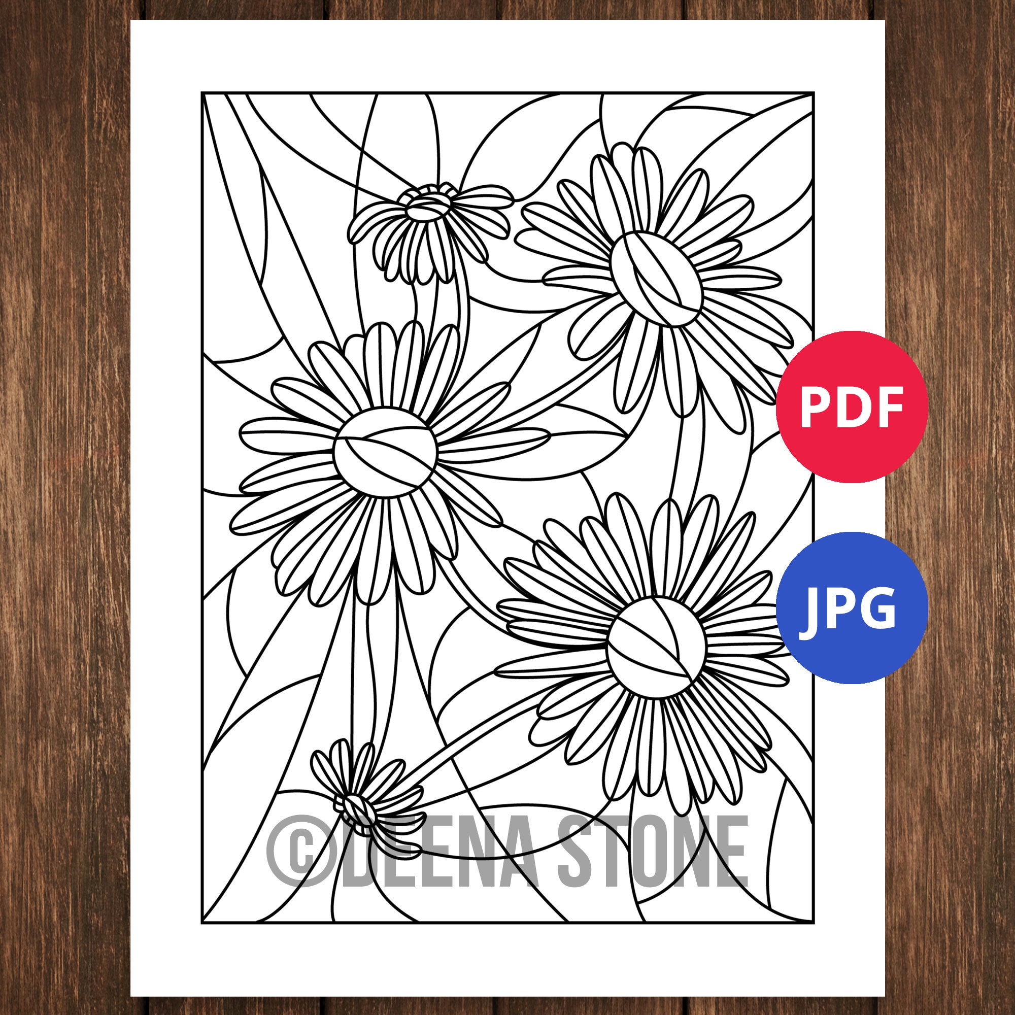Daisies Coloring Page Flower Coloring Pages Stained Glass | Etsy