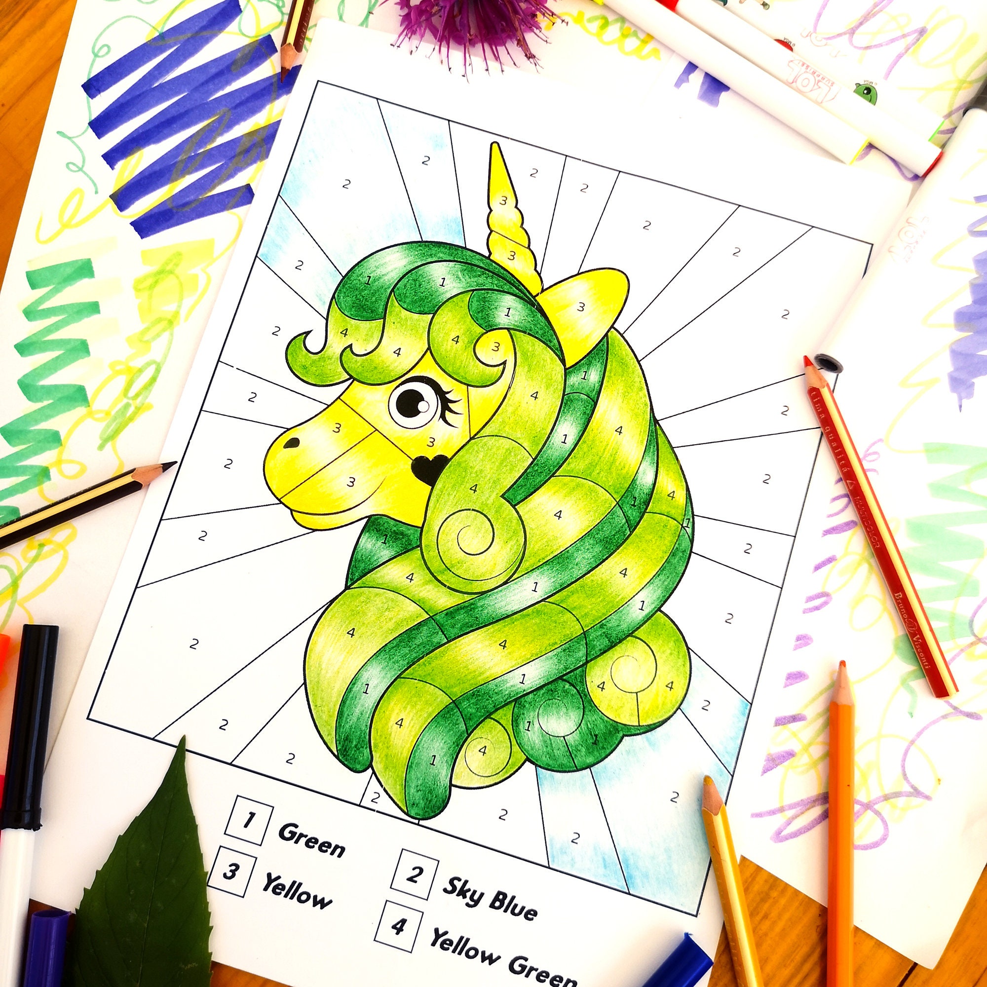 unicorn color by numbers for kids 50 unicorn coloring pages etsy