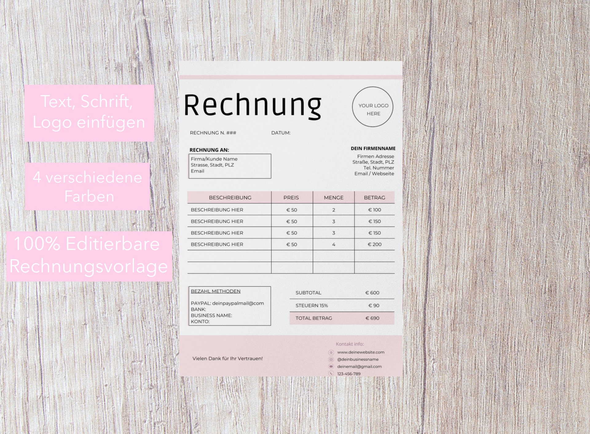 Rechnungsvorlage Rechnung Vorlage Editierbare Etsy Australia