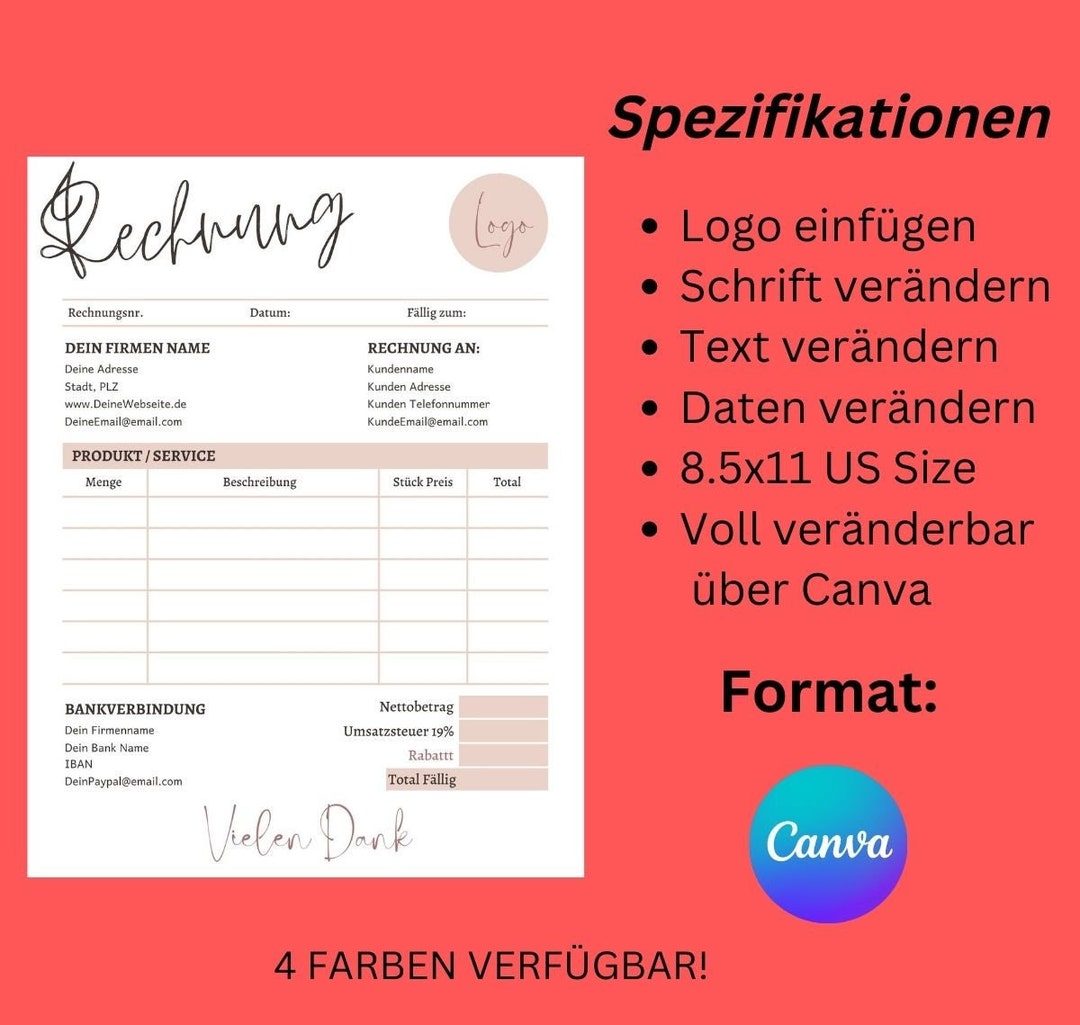 RECHNUNG Vorlage Deutsch Rechnungsvorlage Digitaler Etsy