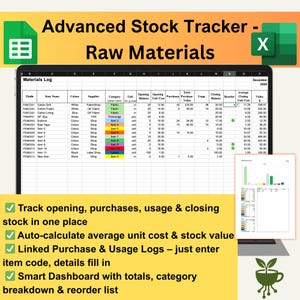 Pode incluir: Uma planilha digital intitulada "Advanced Stock Tracker - Raw Materials" exibe um registro de materiais com dados, incluindo códigos, cores, fornecedores e unidades. A tela também mostra um gráfico e o texto: "Acompanhe a abertura, compras, uso e fechamento de estoque em um só lugar."