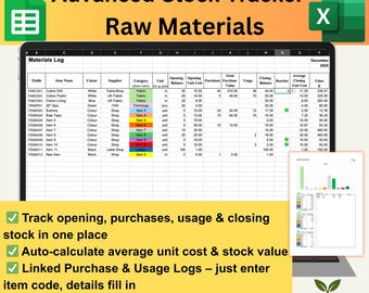 May include: A digital spreadsheet titled "Advanced Stock Tracker - Raw Materials" displays a materials log with data, including codes, colors, suppliers, and units. The screen also shows a chart and text: "Track opening, purchases, usage & closing stock in one place."