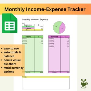 Google Sheets Grundläggande inkomst- och utgiftsspårare, månatligt budgetark, enkel utgiftsspårare, automatiserade totalsummor och ett bonuscirkeldiagram