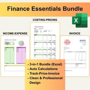 Puede incluir: Un paquete digital de elementos esenciales financieros con el texto "Finance Essentials Bundle". La imagen muestra un archivo Excel con plantillas de ingresos-gastos, costes-precios y facturas. Incluye cálculos automáticos y un diseño limpio.