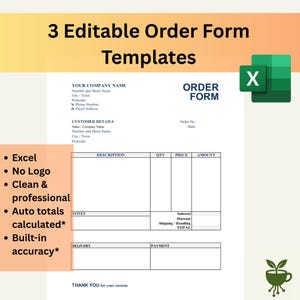 Excel-mallar för beställningsformulär | 3 redigerbara versioner - Ingen logotyp | Enkelt beställningsformulär | Småföretag, digital nedladdning | Formaterade och oformaterade