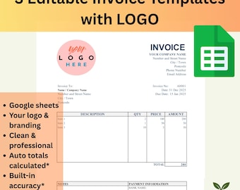 Modelo de fatura do Planilhas Google com logotipo | 3 faturas simples editáveis | Faturamento comercial, pequenas empresas, seu logotipo, download digital