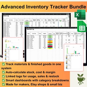 May include: A digital inventory tracker bundle with a spreadsheet interface. The image displays a detailed stock log and materials log, with charts and graphs. Text highlights features like auto-calculation, linked logs, and smart dashboards. The bundle is designed for makers, Etsy shops, and small businesses.