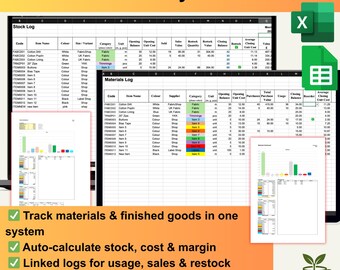 May include: A digital inventory tracker bundle with a spreadsheet interface. The image displays a detailed stock log and materials log, with charts and graphs. Text highlights features like auto-calculation, linked logs, and smart dashboards. The bundle is designed for makers, Etsy shops, and small businesses.