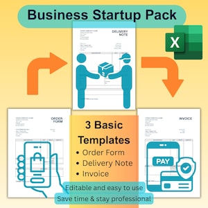 May include: An image advertising a "Business Startup Pack" with three templates: an order form, delivery note, and invoice. Illustrations depict delivery, online shopping, and payment. Text reads "Editable and easy to use" and "Save time & stay professional." The image has a teal and yellow color scheme.