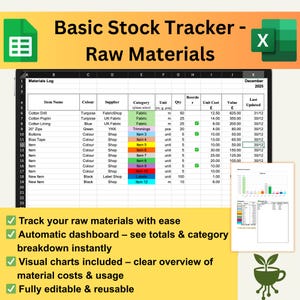 Pode incluir: Uma folha de cálculo digital intitulada "Basic Stock Tracker - Raw Materials" com um cabeçalho verde. A folha de cálculo inclui colunas para nome do item, cor, fornecedor e custo unitário. Um gráfico e uma lista de verificação verde também são visíveis.