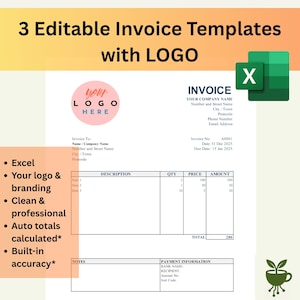 Puede incluir: Plantilla de factura digital con el texto "3 Plantillas de factura editables con LOGO". La plantilla incluye campos para información de la empresa, detalles de la factura e información de pago.