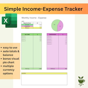 May include: A digital spreadsheet titled "Simple Income-Expense Tracker" with a green and pink color scheme. The spreadsheet displays income and expenses for September 2025, including a pie chart and currency options. Text includes "easy to use" and "auto totals & balance."