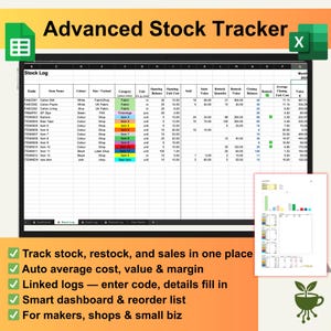 May include: A spreadsheet titled "Advanced Stock Tracker" with data columns and rows. The spreadsheet includes stock logs, sales, and restock information. Additional text includes "Track stock, restock, and sales in one place."