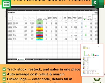 May include: A spreadsheet titled "Advanced Stock Tracker" with data columns and rows. The spreadsheet includes stock logs, sales, and restock information. Additional text includes "Track stock, restock, and sales in one place."