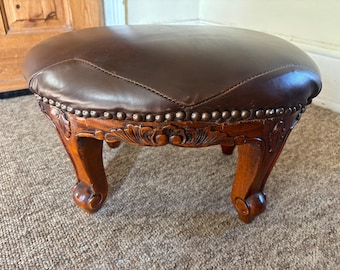 Leather Oval Ottoman Stool Wooden Vintage Footstool Top quality