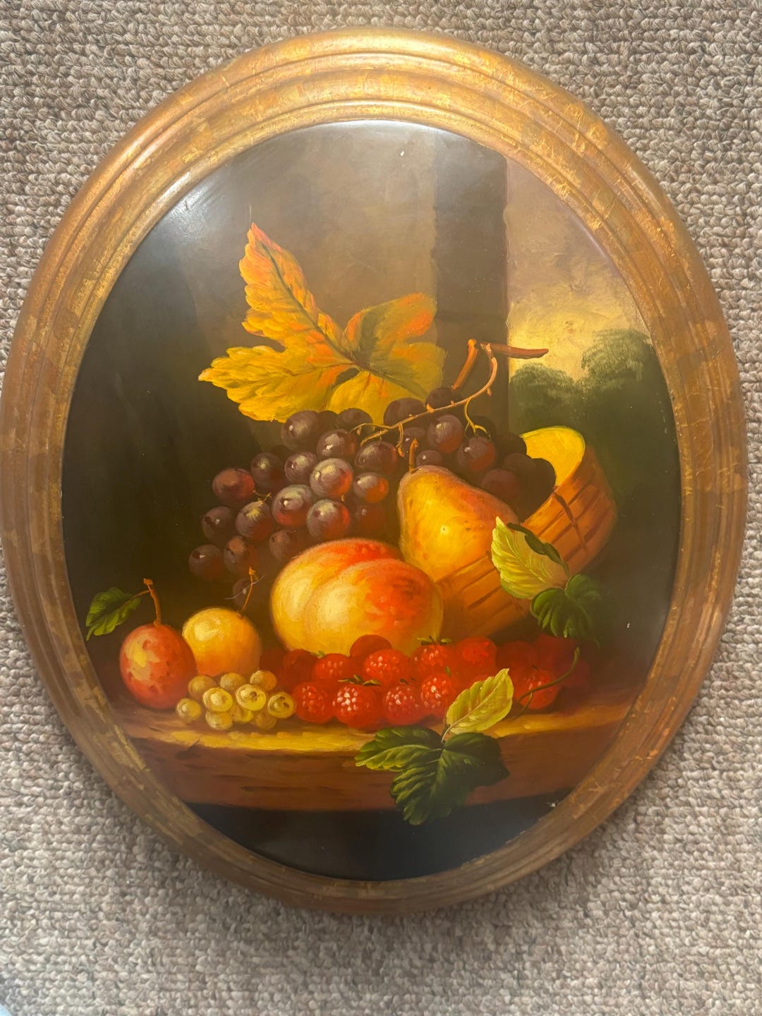 Vintage Hand Painted Still Life Fruit Oval Plaque Lacquered Wood Convex ...