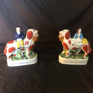 19th Century Antique Figurines Prince & Princess On Spaniel Staffordshire