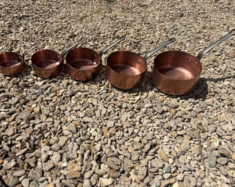 Vintage Franse set van 5 professionele koperen pannen 2,75 kg