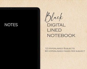 Black Digital 12 Subject Notebook | Hyperlinked PDF | Lined Pages | Digital Journal | iPad | Goodnotes | Notability | Modern | Minimalist