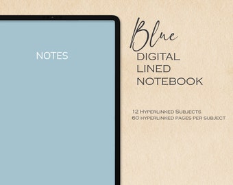 Taccuino digitale blu con 12 soggetti / PDF con collegamento ipertestuale / Pagine a righe / Diario digitale / iPad / Goodnotes / Notabilità / Moderno / Minimalista