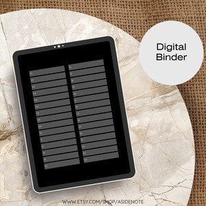 May include: A digital planner on a tablet screen with a black background and white numbers. The tablet is on a white marble surface with a brown burlap background. The text "Digital Binder" is in a white circle on the right side of the image.