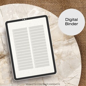 Puede incluir: Una plantilla de carpeta digital con fondo gris y líneas blancas. La plantilla se muestra en la pantalla de una tableta. El texto "Carpeta digital" se muestra en un círculo blanco sobre un fondo de arpillera marrón.