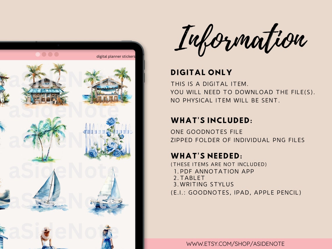 Summer Blue Tropical Beach Goodnotes Planner Stickers | Notability ...