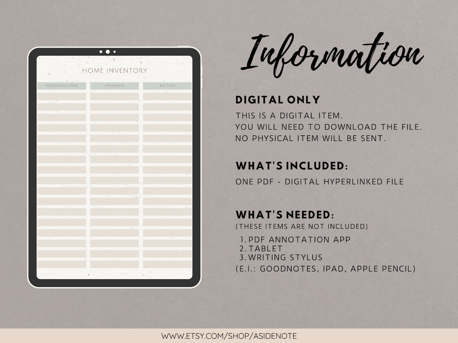 Home Inventory Digital Notebook | Hyperlinked PDF | List Pages ...