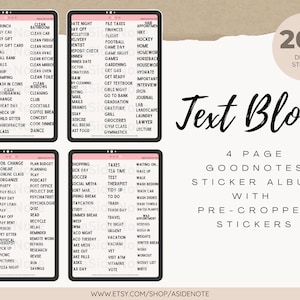 May include: A digital sticker album for Goodnotes with 200+ pre-cropped stickers. The album has four pages with a variety of text blocks, including "Date Night", "File Taxes", "Big Day", "Oil Change", "Shopping", and "Taxes".