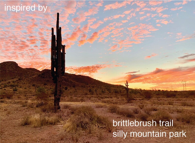 K&ouml;nnte beinhalten: Ein hoher, schlanker Kaktus steht im Vordergrund einer W&uuml;stenlandschaft. Der Himmel ist leuchtend rosa und orangefarben, mit flauschigen Wolken. Der Text "inspired by" befindet sich in der oberen linken Ecke des Bildes. Der Text "brittlebrush trail silly mountain park" befindet sich in der unteren rechten Ecke des Bildes.
