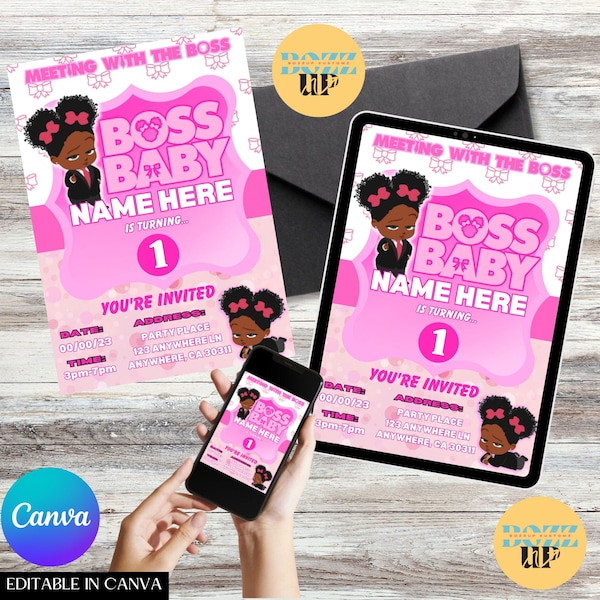 DIY Canva Template: Baby Boss Girl AA Invitation (PINK) - Customizable for the Ultimate Boss Baby Party