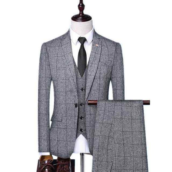 Grey plaid slim-fit customized latest-design 3-piece suit | Etsy