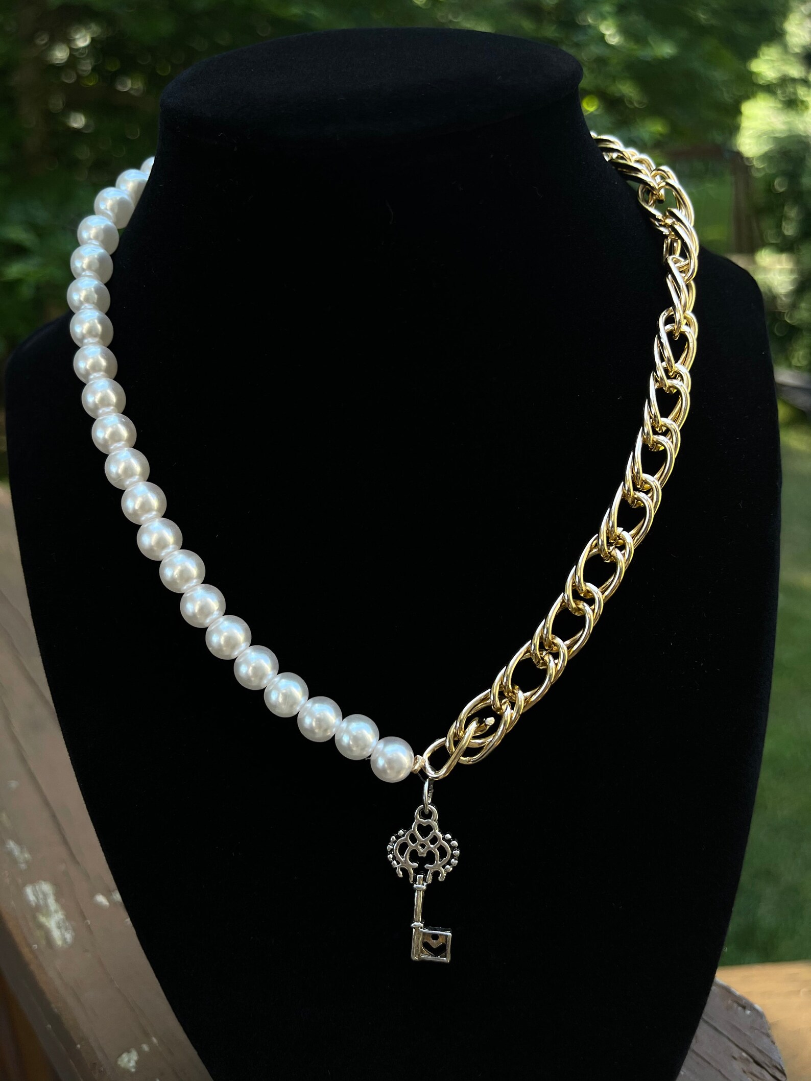 Half Pearl Half chain necklace key pendant Choker Gold Etsy