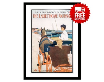 Vintage Woman Magazine Cover of The Summer–Porch Number of The Ladies' Home Journal by Edward Penfield. Adventure and country life