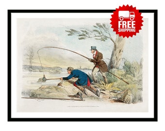 Vintage Poster Illustration fishing from Sporting Sketches. Retro British Empire 1800s Hunting Fishing Outdoor Travel Print