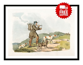 Vintage Poster Illustration of hunter with rabbits and dogs from Sporting Sketches. Retro British Empire 1800s Hunting Fishing Travel Print