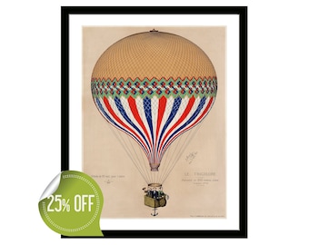 Affiche vintage montgolfière : impression aéronautique Steampunk drapeau français