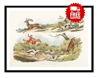 Vintage Poster Illustration hunters deer dogs and horsemen from Sporting Sketches Retro British Empire 1800's Hunting Fishing Travel Print