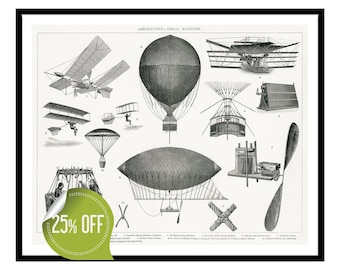 Lámina aeronáutica vintage, máquinas aéreas steampunk en blanco y negro.