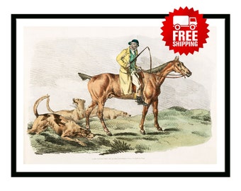 Vintage Poster Illustration mounted hunter with hounds horse from Sporting Sketches Retro British Empire 1800's Hunting Fishing Travel Print